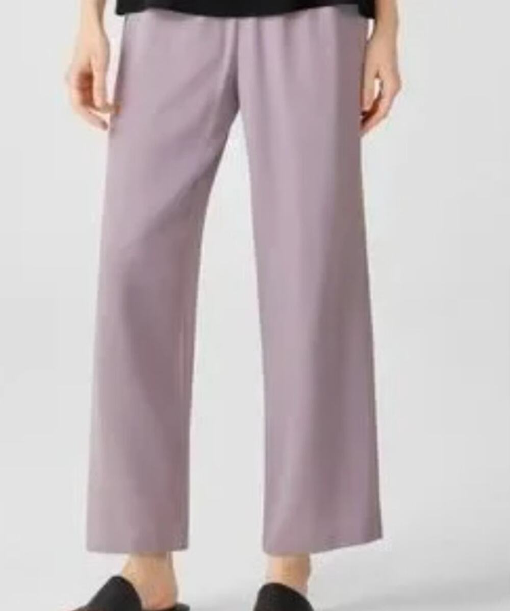Eileen Fisher Lavender 100% Silk Georgette Crepe Wide Leg Pull On Pants L NEW